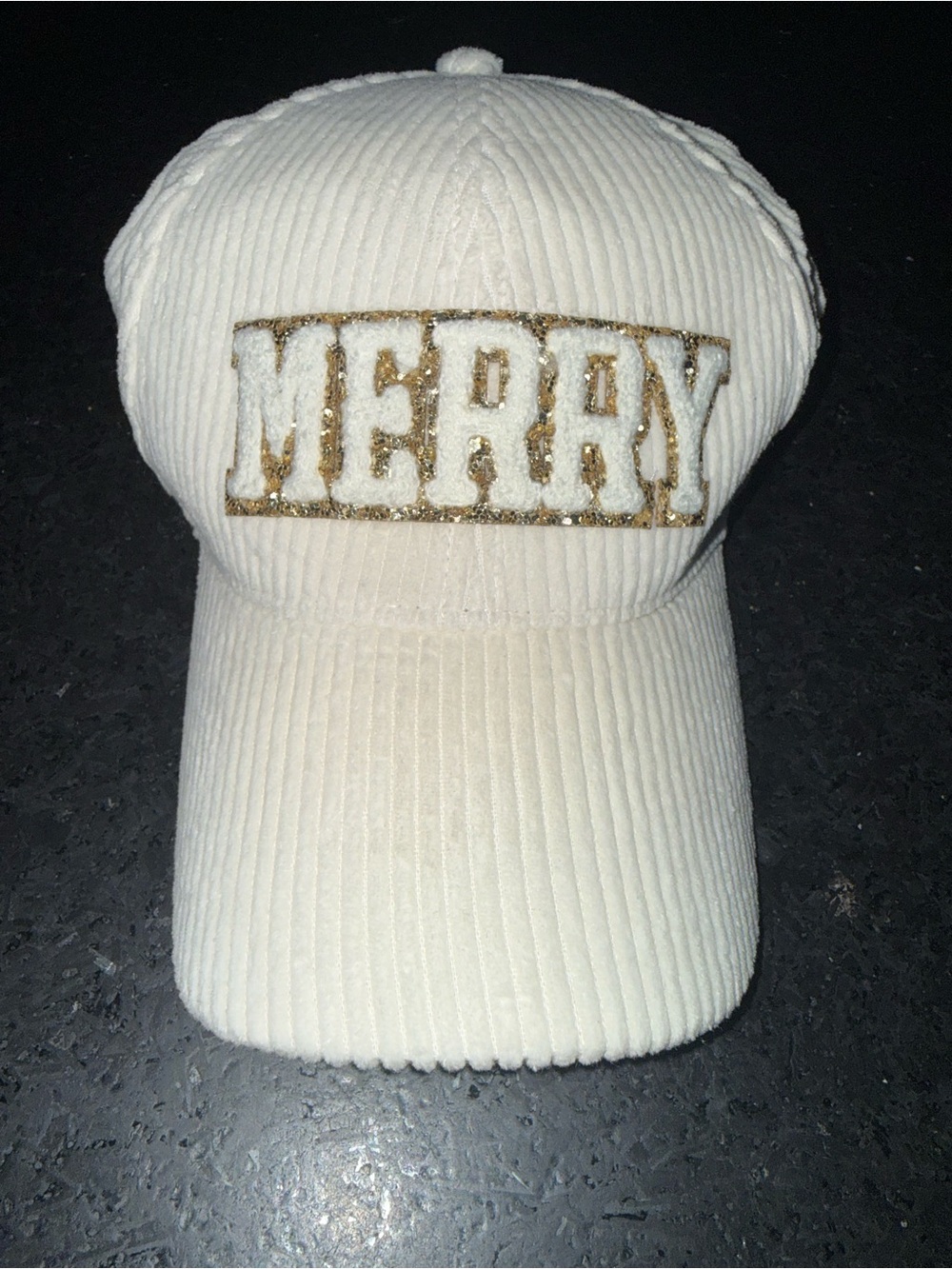 NEW David & Young Cream Corduroy Cap w/Gold Chenille Patch 'MERRY' BASEBALL HAT